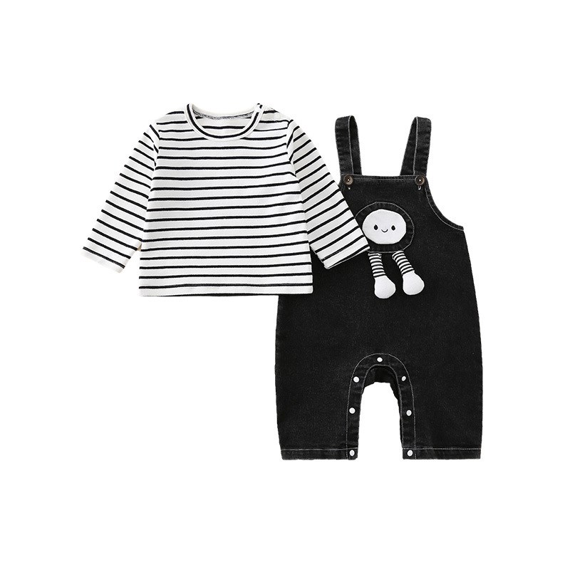 【2折专区】折扣店撤柜亲子装小童春秋条纹t恤衫牛仔背带裤套装