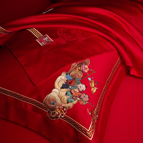 高端刺绣百子图全棉婚庆四件套红色喜被结婚陪嫁长绒棉床上用品