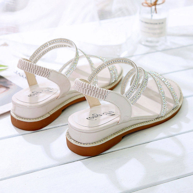 坡跟水钻凉鞋女仙女风ins潮2024夏季新款韩版百搭一字扣带鞋凉鞋