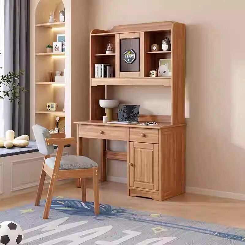实木儿童书桌青少年学生电脑桌胡桃木写字桌带书架一体儿童学习桌