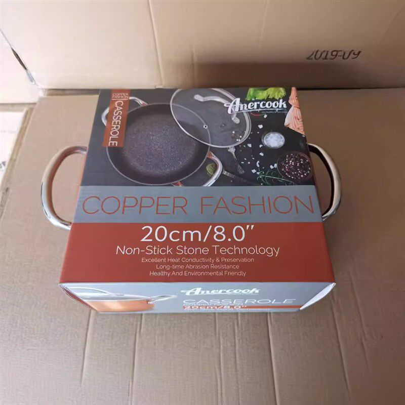 金色汤锅铝制欧洲麦饭石煎盘平底锅大底不粘汤锅具烹饪双耳蒸煮锅