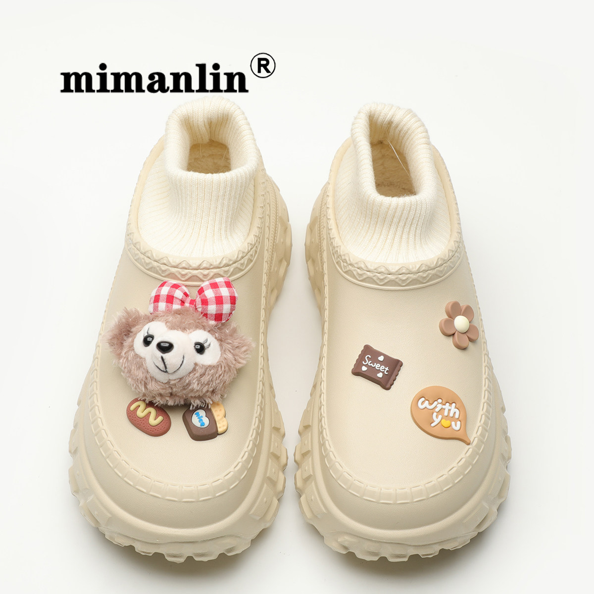 增高防水加绒棉鞋女秋冬季加绒保暖外穿时尚网红可爱一脚蹬棉拖鞋