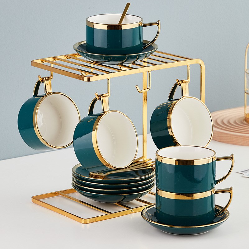 定制陶瓷咖啡杯碟描金咖啡具套装带铁架收纳杯碟牛奶杯可印logo