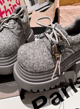 欧货系带水钻毛呢毛毛鞋JKu小皮鞋乐福鞋小个子7cm加绒棉瓢鞋女鞋