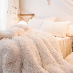 冬季瑚绒四上件套公主风水貂色绒被PVE套白长毛绒床用品1.8珊m床