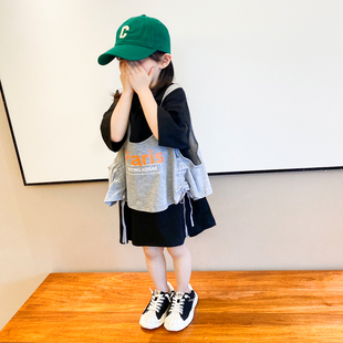 女童中长款t恤裙夏2022新款潮洋气时尚夏装短袖两件套连衣裙欧美