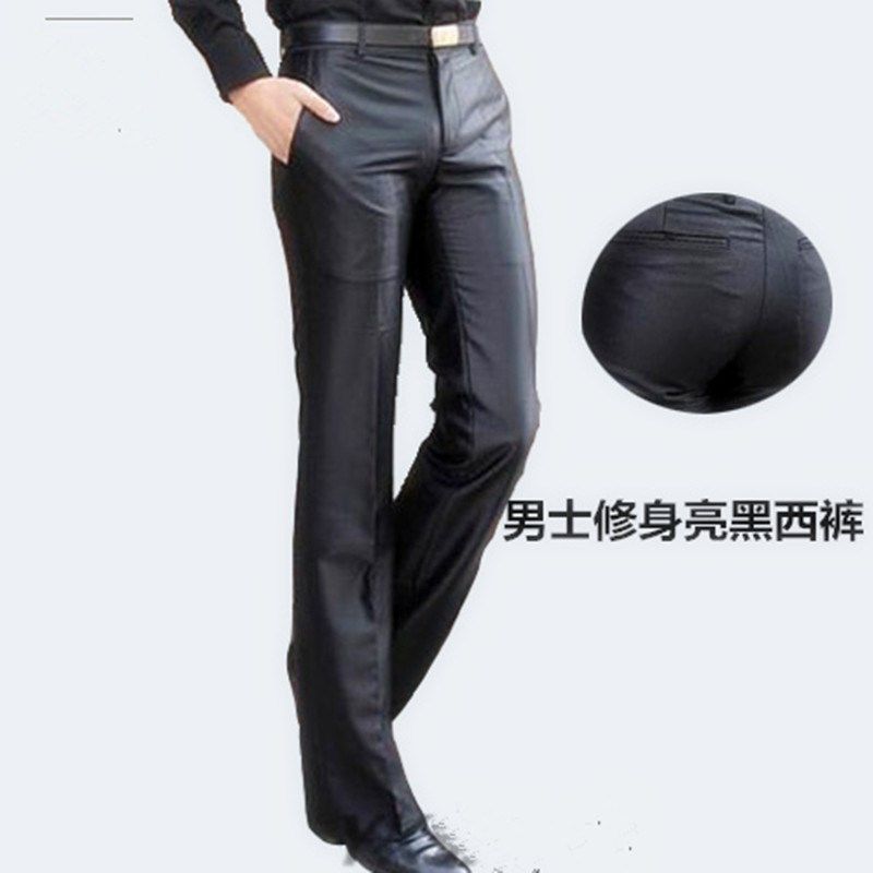 冬装新款男士纯黑亮面西裤免烫休闲直筒裤商务修身男裤结婚西装裤