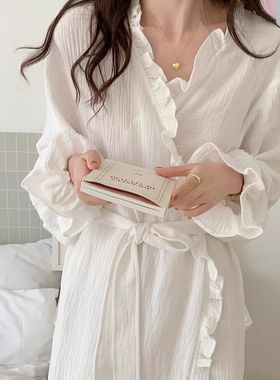 高颜值休闲简约花苞边睡袍睡裙睡衣女款春秋季长袖学生休闲居家服