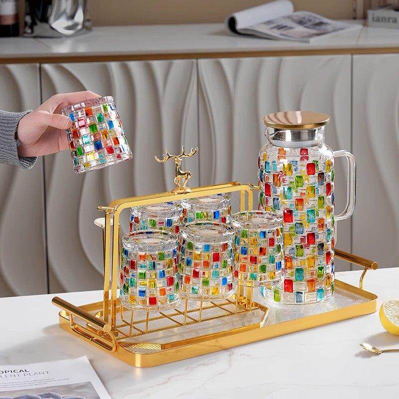 彩绘玻璃杯茶杯套装家用客厅水杯耐高温冷水壶大容量水瓶果汁杯子
