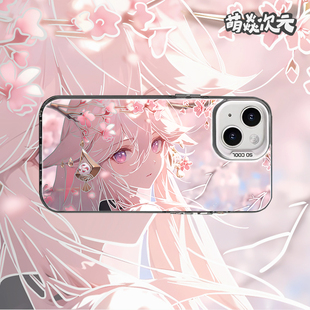 原神八重神子二次元新款线反光条彩银适用苹果华为荣耀VIVO小米OPPO魅族一加动漫彩银全包防摔手机壳
