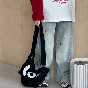 儿童山本裤女童镶钻阔腿裤春秋款裤子直筒裤中大童宽松牛仔裤洋气