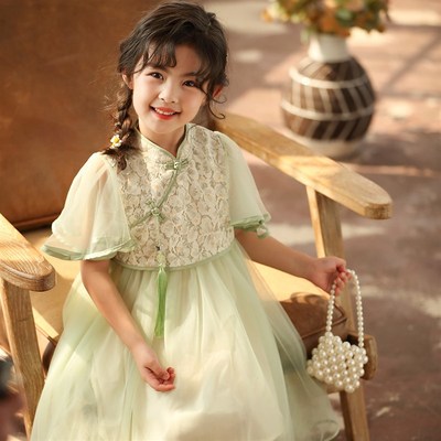 女童中国风连衣裙短袖裙2023夏季中大童复古风裙儿童网纱蕾丝裙子