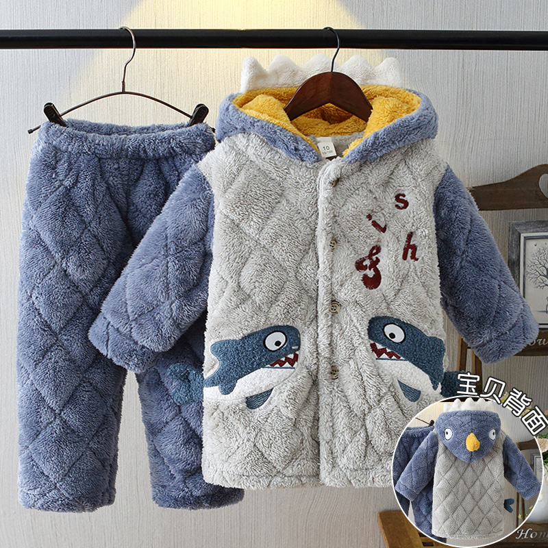 儿童珊瑚绒睡衣冬季加厚夹棉中长款法兰绒女童男孩子男童家居服冬