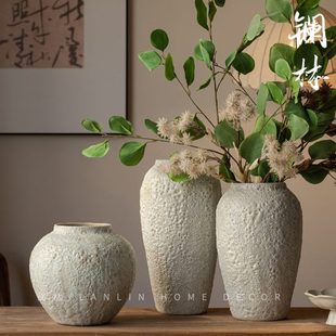 白色花瓶侘寂风复古粗陶插花器民宿茶室家居台面装 新中式 饰气泡白