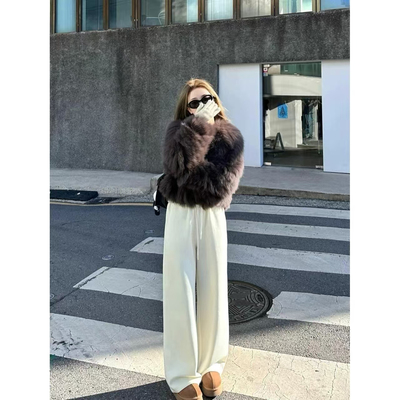 米白色糯米裤女秋冬季阔腿裤