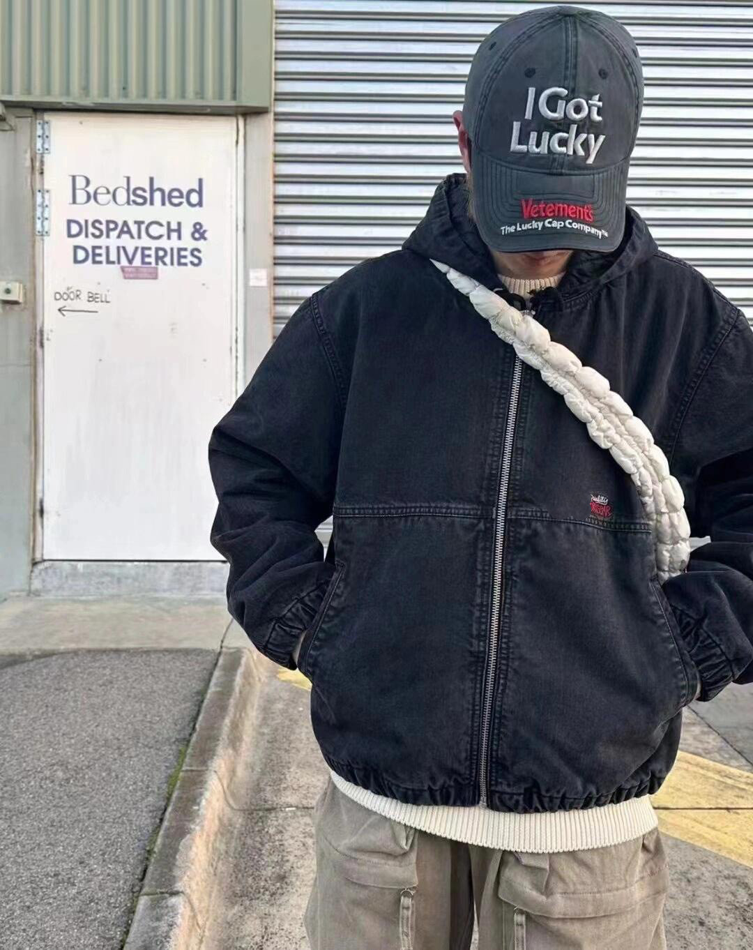 MADLAB S家秋冬 水洗做旧 字母刺绣Logo夹克拉链棉服外套夹克开衫