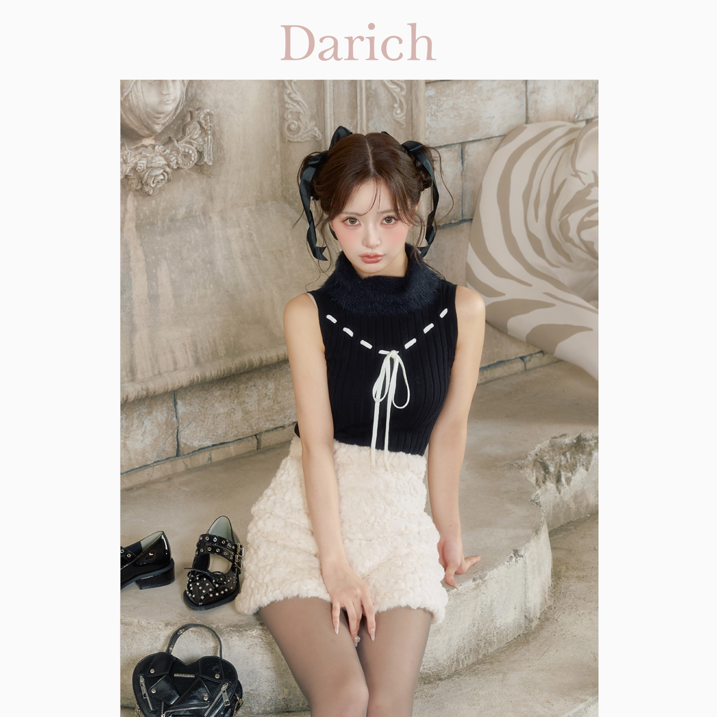 Darich高领缝线丝带无袖针织上衣