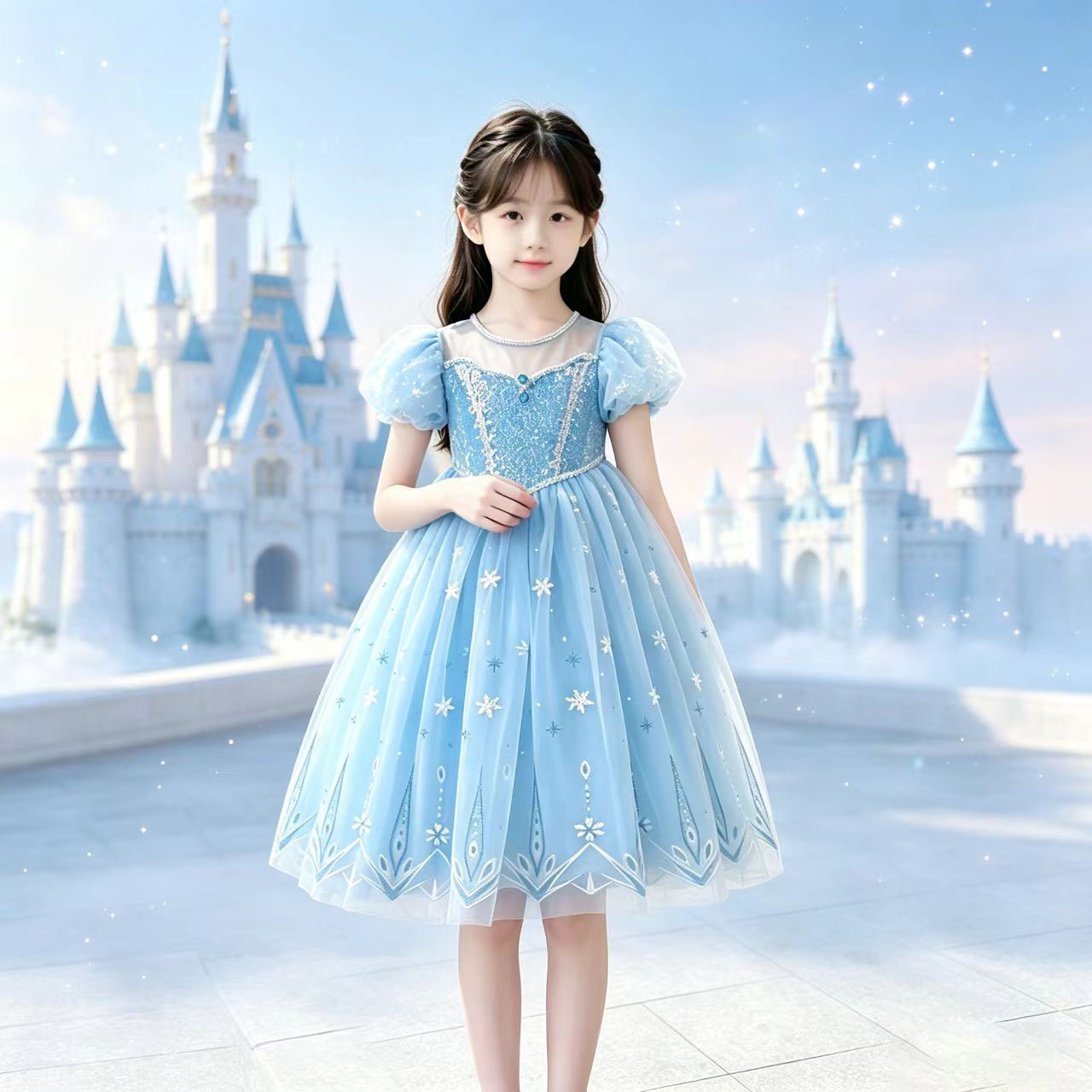 女童冰雪奇缘爱莎公主裙泡泡短袖亮片雪花拖地连衣裙儿童演出礼服