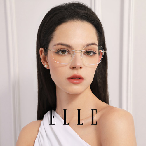 ELLE超轻钛合金无边框近视眼镜框女方圆脸可配度数蔡司镜片防蓝光