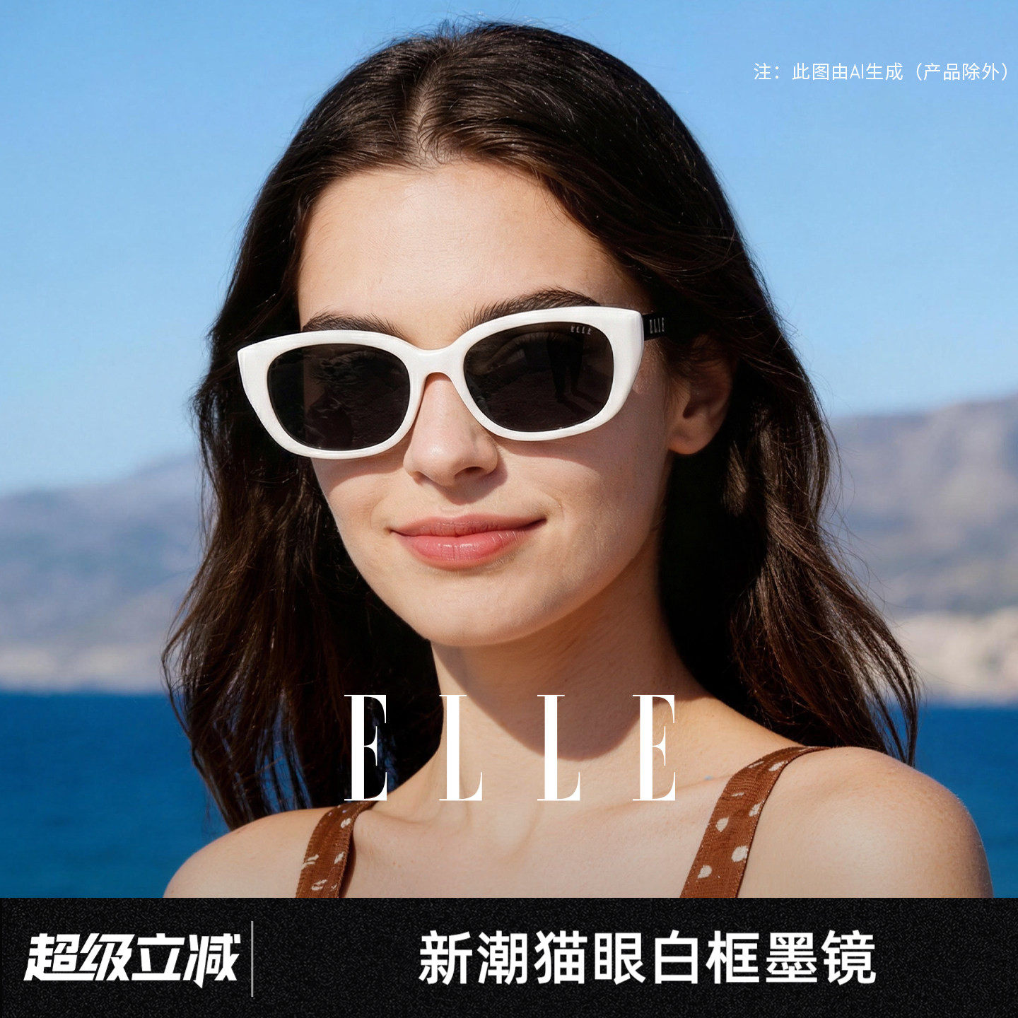 ELLE白色猫眼墨镜女高级感2026新款大牌太阳镜女款适合方圆脸