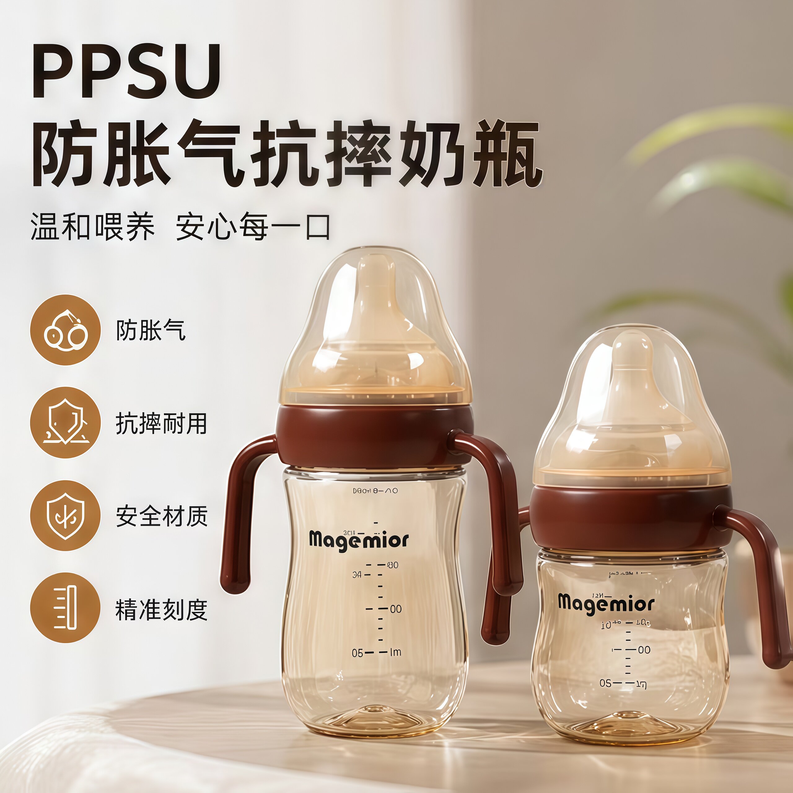 MAGEMIOR防胀气设计PPSU奶瓶3到6个月防摔宽口径160ml240ml带手柄