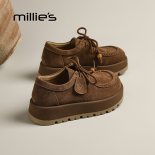 MILLIE'S/妙丽真皮松糕厚底乐福鞋新款复古袋鼠鞋串珠全包勃肯鞋Q