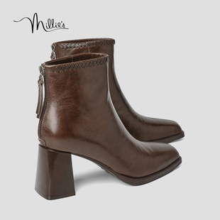 MILLIE'S/妙丽高跟短靴女2026新款秋冬粗跟时装靴显瘦瘦瘦靴子HQ
