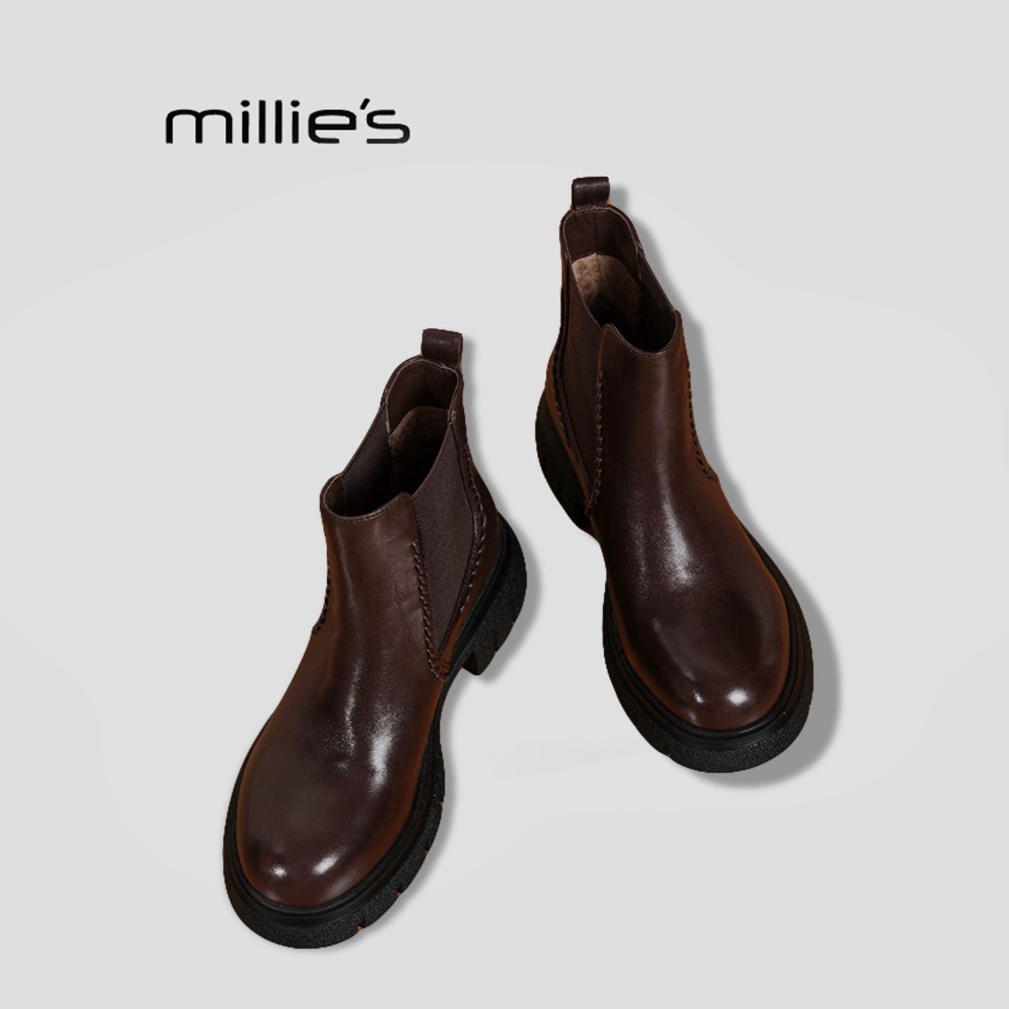 MILLIE'S/妙丽真皮加绒马丁靴女