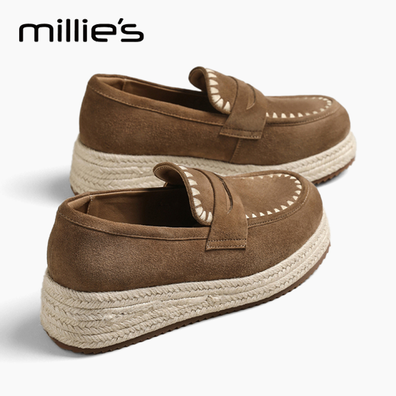 MILLIE'S/妙丽一脚蹬草编乐福鞋女2025新款秋厚底渔夫鞋坡跟单鞋