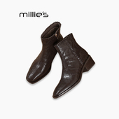 MILLIE 妙丽巨软英伦风复古切尔西短靴女粗跟圆头铆钉马丁靴Q
