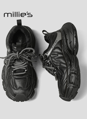 MILLIE'S/妙丽黑色厚底老爹鞋冬款加绒款百搭炸街休闲鞋做旧潮鞋Z