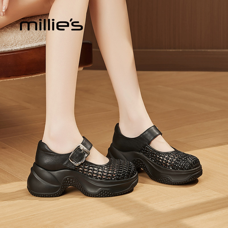 MILLIE'S/妙丽真皮厚底凉拖鞋