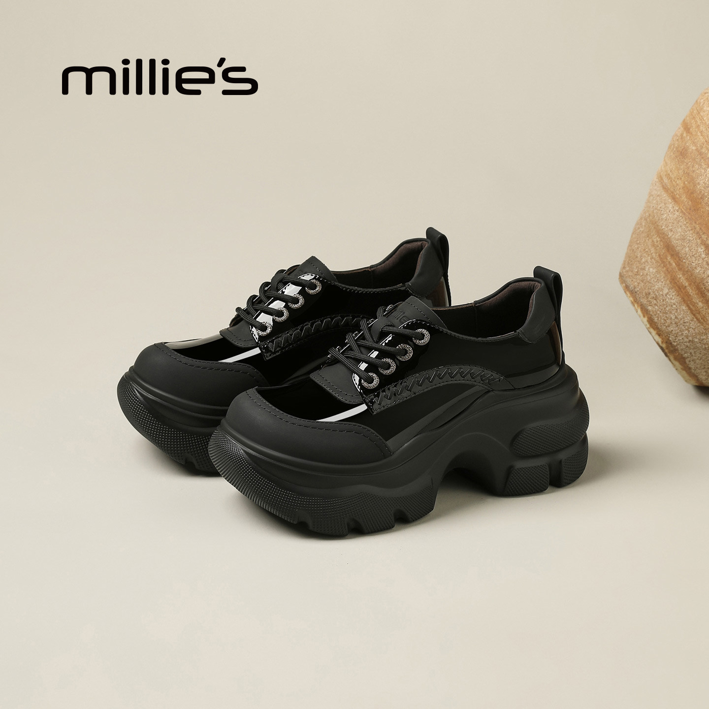 MILLIE'S/妙丽黑色厚底老爹鞋女增高小个子休闲鞋显脚小厚底鞋Q