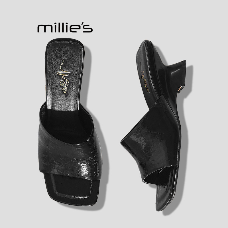 MILLIE'S/妙丽凉拖鞋女夏外穿气质百搭通勤粗跟真皮一字带凉鞋子P