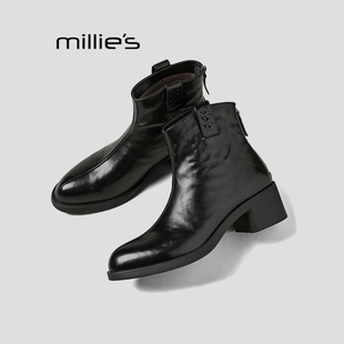 MILLIE'S/妙丽秋冬新款加绒复古小众英伦风短靴女高级感高跟靴子Z