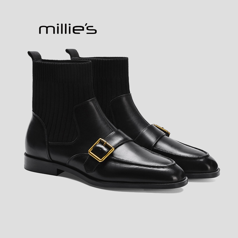 MILLIE'S/妙丽瘦瘦靴真皮短靴皮带扣马丁靴及踝冬季加绒毛线袜靴Q