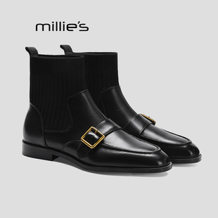 MILLIE'S/妙丽瘦瘦靴真皮短靴皮带扣马丁靴及踝冬季加绒毛线袜靴Q