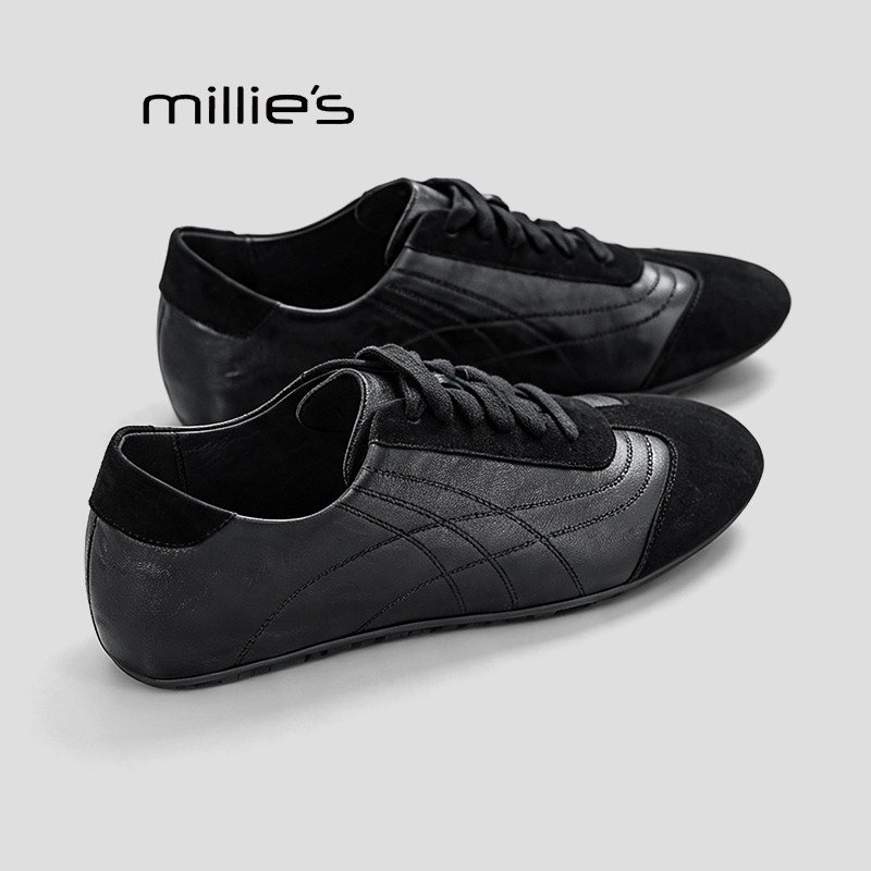 MILLIE'S/妙丽2026秋季轻便新款女黑色系带内增高复古休闲单鞋