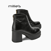 MILLIE 妙丽气质皮带扣防水台粗跟短靴女加绒真皮超高跟马丁靴Q