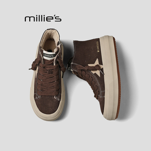 加绒复古擦色做旧星星休闲板鞋 MILLIE 女冬季 妙丽脏脏高帮鞋