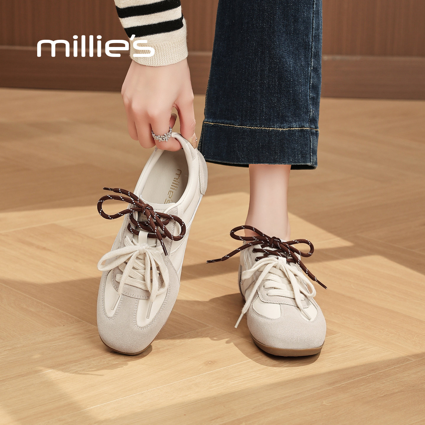 MILLIE'S/妙丽复古德训鞋女2026春季新款米色系带平底休闲鞋Q,女鞋,德训鞋,淘宝优惠券,粉丝福利购,淘宝优惠卷