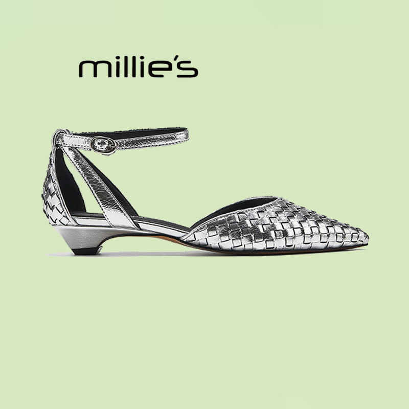 妙丽官方旗舰店羊皮法式绝美尖头凉鞋女外穿高级感编织夏季软底