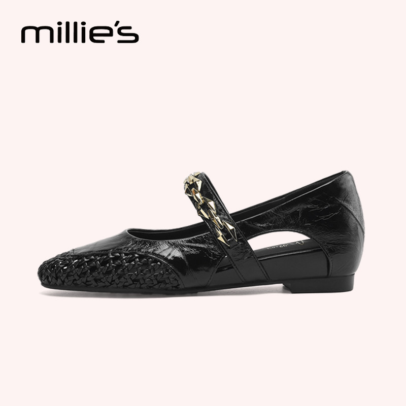 妙丽官方旗舰店镂空编织方头低跟玛丽珍鞋女真皮时尚铆钉浅口单鞋,女鞋,浅口单鞋,淘宝优惠券,粉丝福利购,淘宝优惠卷