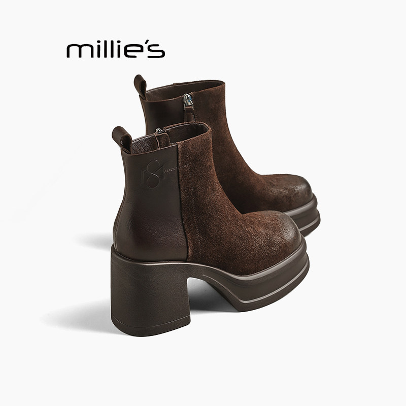 MILLIE'S/妙丽真皮马丁靴女2025秋冬新款粗跟厚底增高弹力靴短靴Q,女鞋,时装靴,淘宝优惠券,粉丝福利购,淘宝优惠卷