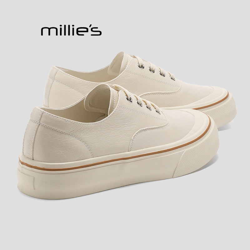 MILLIE'S/妙丽夏季小白鞋牛仔帆布鞋真皮百搭韩系带厚底休闲鞋子P