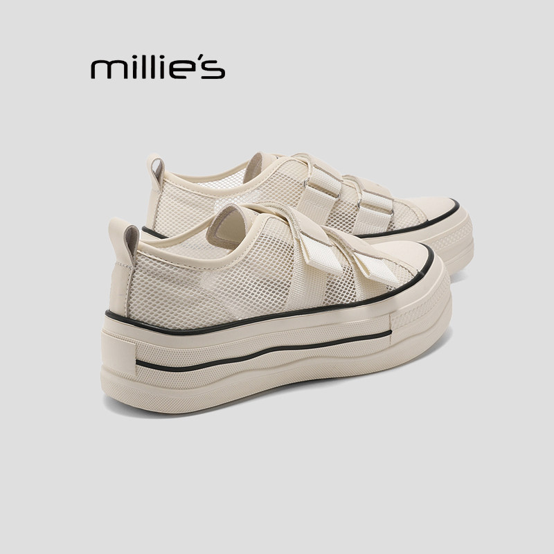 MILLIE'S/妙丽绝美帆布鞋真皮厚底时尚休闲鞋女款增高板鞋魔术贴P