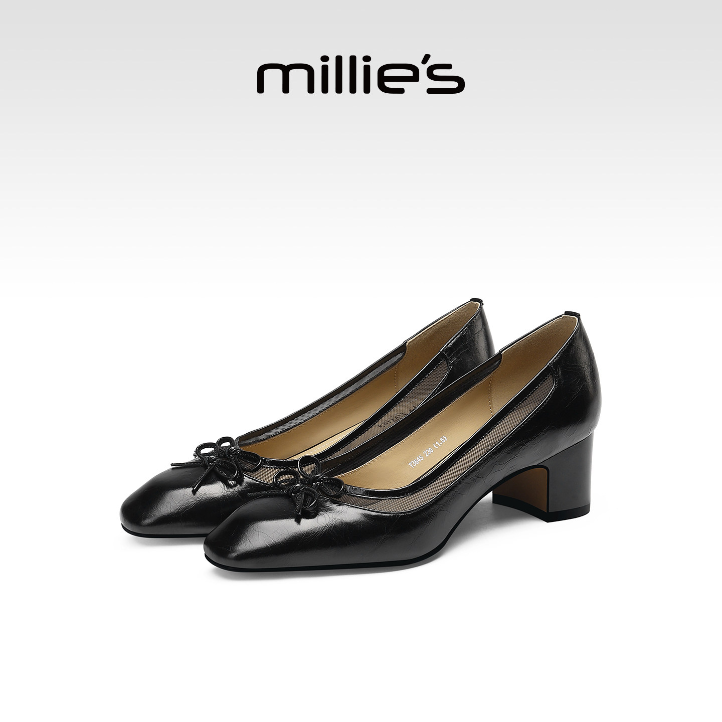 MILLIE'S/妙丽春季黑色蝴蝶结方头粗跟单鞋女优雅风通勤法式单鞋Q,女鞋,时尚芭蕾鞋,淘宝优惠券,粉丝福利购,淘宝优惠卷
