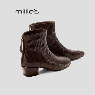 MILLIE'S/妙丽2026新款秋冬季粗跟中跟真皮女鞋单靴软皮马丁靴HQ