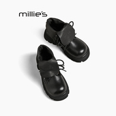 MILLIE 妙丽复古真皮马丁靴翻盖两穿厚底增高粗跟气质及裸靴女Z