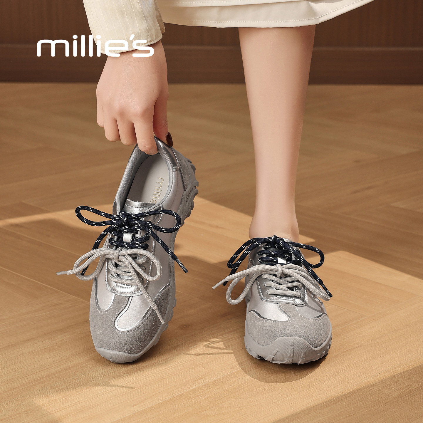 MILLIE'S/妙丽复古拼色时尚百搭德训鞋女厚底系带平底休闲老爹鞋Q,女鞋,老爹鞋,淘宝优惠券,粉丝福利购,淘宝优惠卷